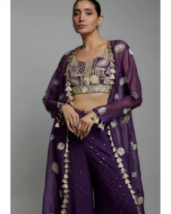 Purple Embroidered Bustier With Embroidered Jacket And Sharara Set