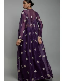 Purple Embroidered Bustier With Embroidered Jacket And Sharara Set