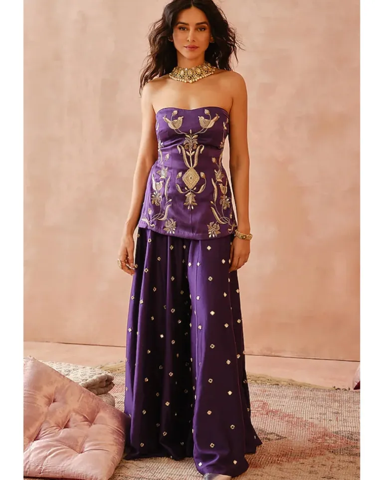 Purple Embroidered Kurta With Sharara