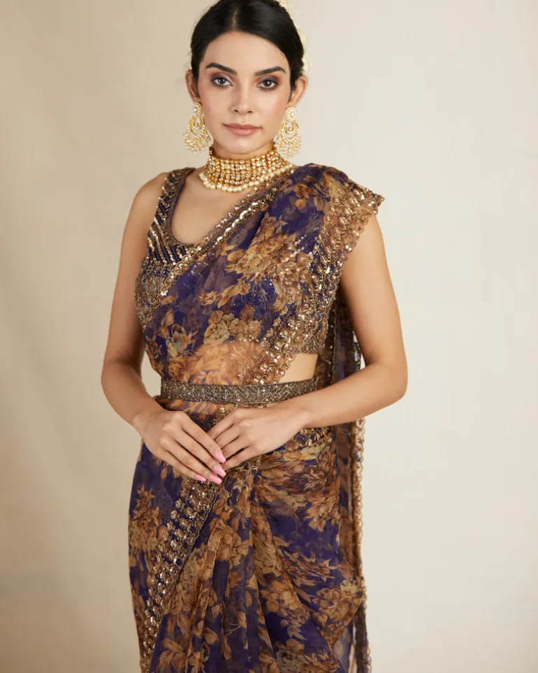 Purple Floral Sari Set