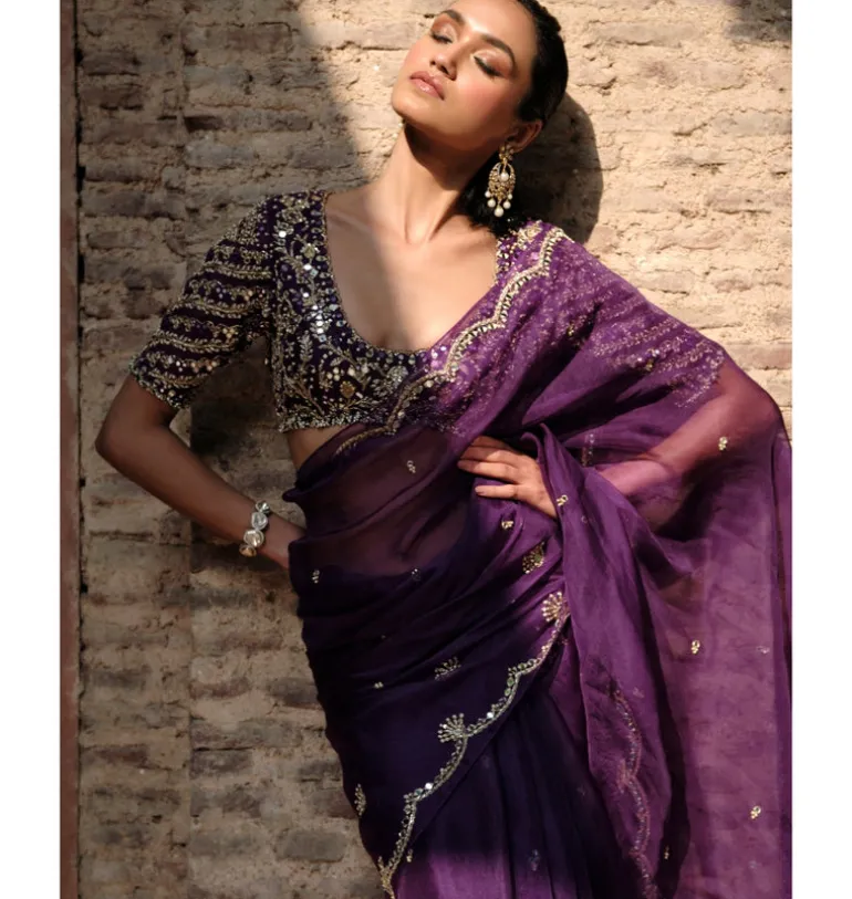Purple Organza Sari Set