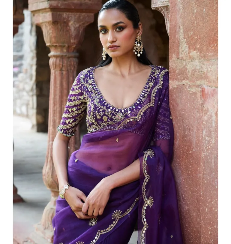Purple Organza Sari Set