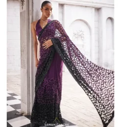 Purple To Black Ombre Cutwork Sari Set