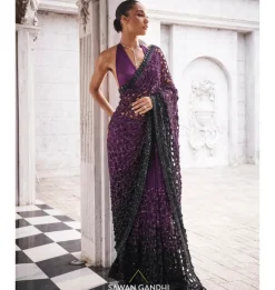 Purple To Black Ombre Cutwork Sari Set