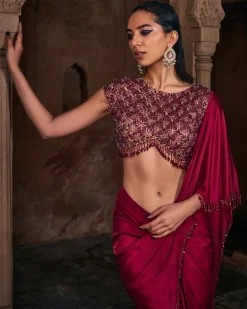 Rachel Maroon Embroidered Sari Set