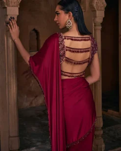 Rachel Maroon Embroidered Sari Set