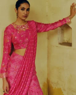 Rani Pink Bandhej Sharara Sari Set