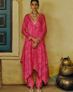 Rani Pink Bandhej Tunic Kurta Set