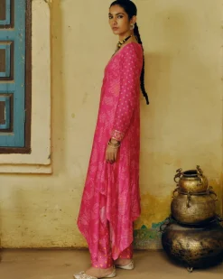 Rani Pink Bandhej Tunic Kurta Set