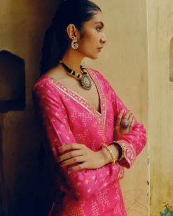 Rani Pink Bandhej Tunic Kurta Set