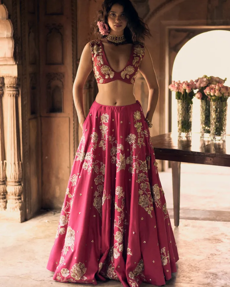 Rani Pink Motif Placement Lehenga Set