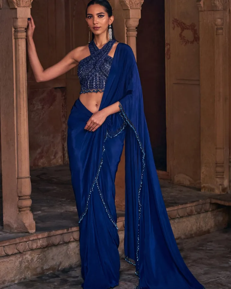 Rapunzel Dark Blue Embroidered Sari Set