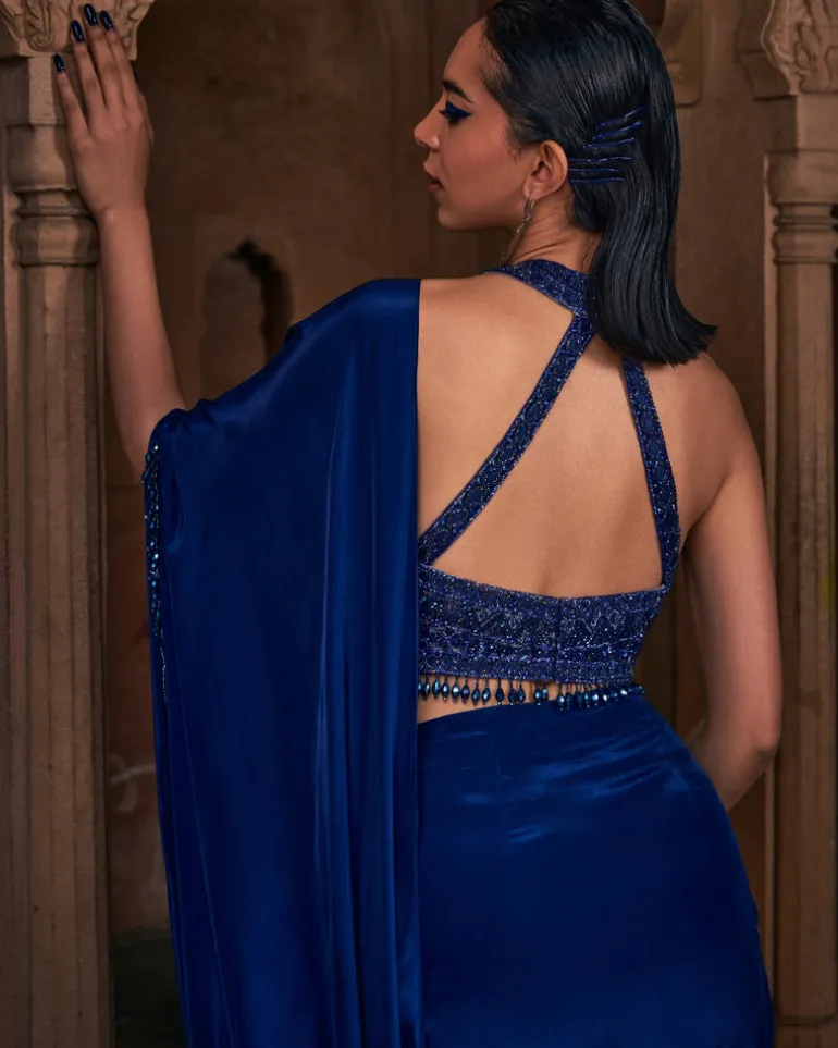 Rapunzel Dark Blue Embroidered Sari Set