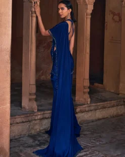 Rapunzel Dark Blue Embroidered Sari Set