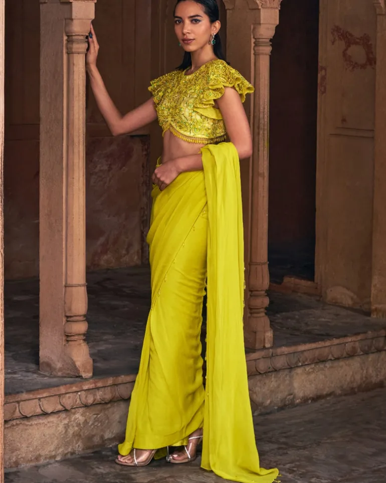 Raya Yellow Embroidered Sari Set