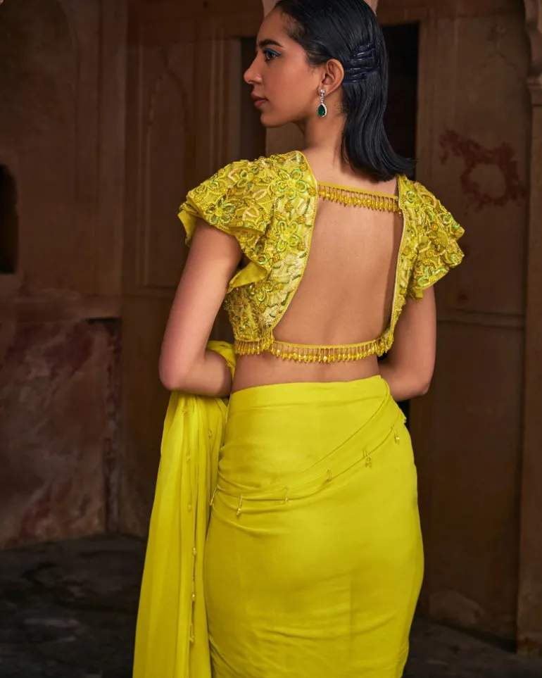 Raya Yellow Embroidered Sari Set