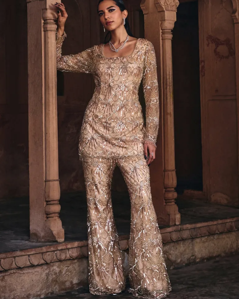 Razel Champagne Gold Embroidered Kurti Set