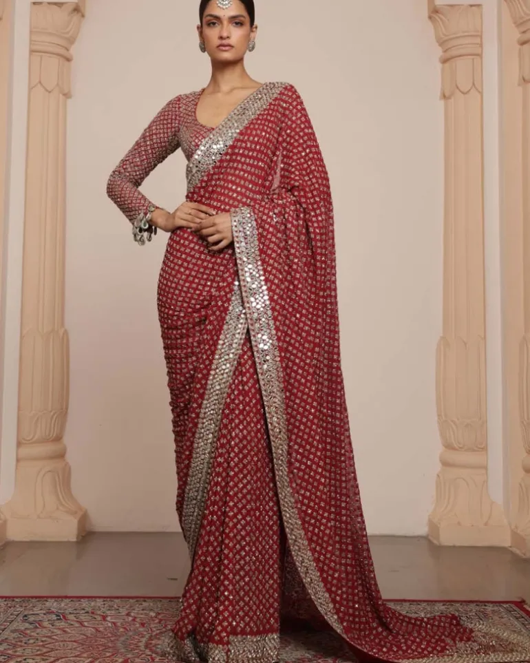 Red And Beige Gold Star Sari Set