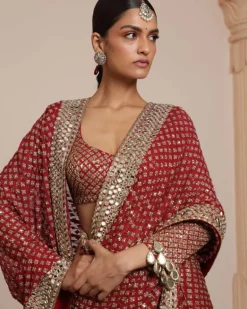Red And Beige Gold Star Sari Set