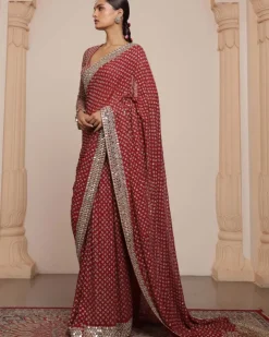 Red And Beige Gold Star Sari Set