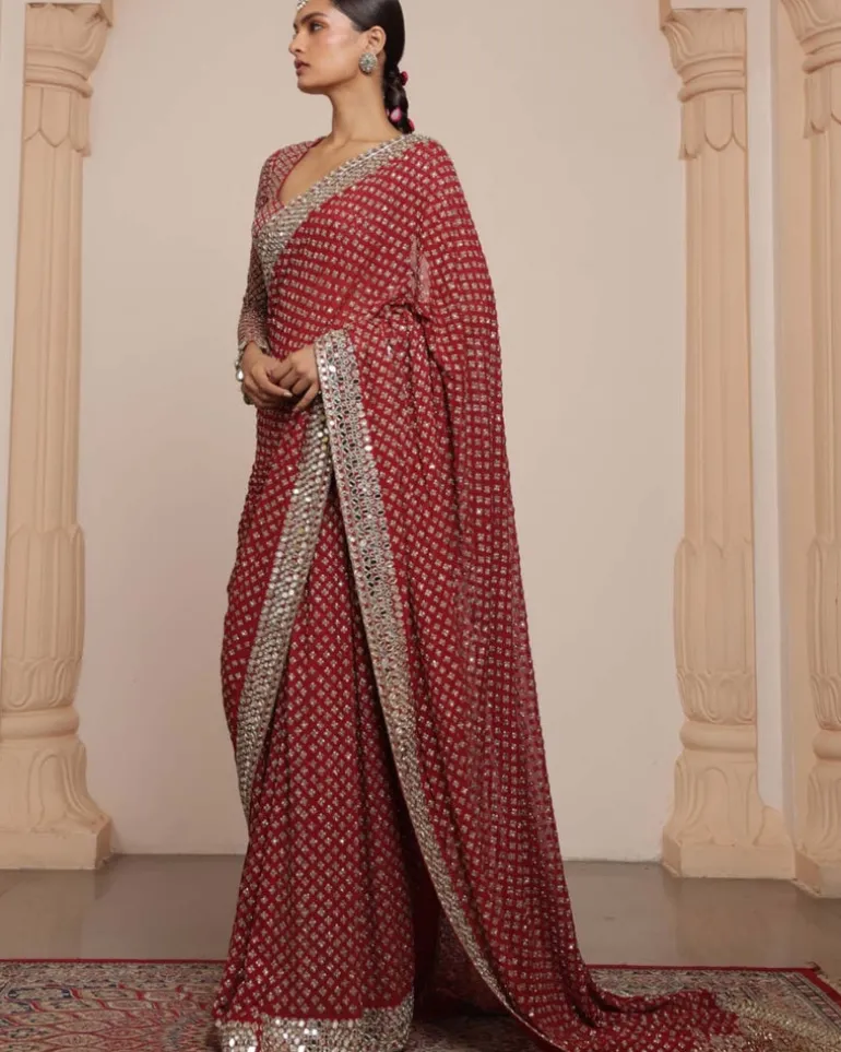 Red And Beige Gold Star Sari Set