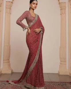 Red And Beige Gold Star Sari Set