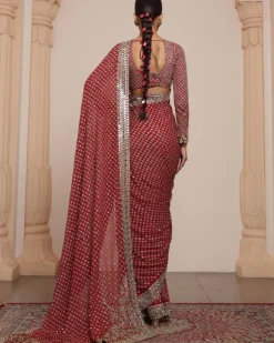 Red And Beige Gold Star Sari Set