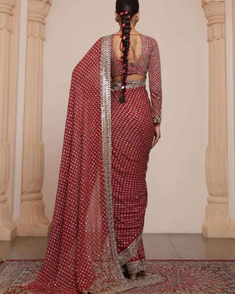 Red And Beige Gold Star Sari Set