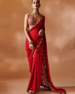 Red And Gold Embroidered Sari Set