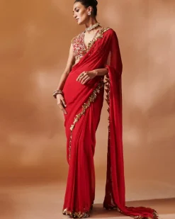 Red And Gold Embroidered Sari Set