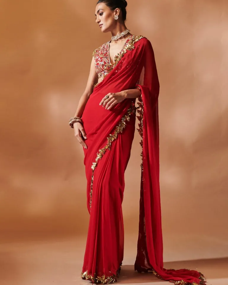 Red And Gold Embroidered Sari Set