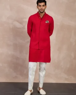 Red Basic Pin tucks Nehru Jacket Set