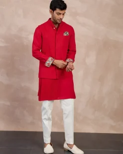 Red Basic Pin tucks Nehru Jacket Set