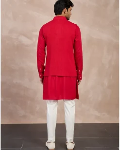 Red Basic Pin tucks Nehru Jacket Set