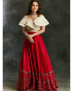 Red Border Lehenga With Off Shoulder Crop Top