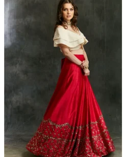 Red Border Lehenga With Off Shoulder Crop Top