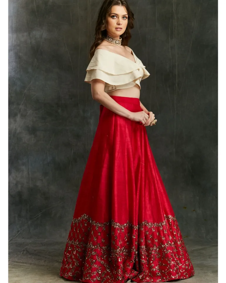 Red Border Lehenga With Off Shoulder Crop Top