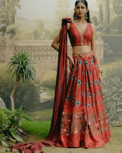 Red Box Pleat Panelled Lehenga Set
