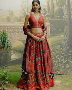 Red Box Pleat Panelled Lehenga Set