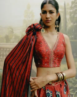 Red Box Pleat Panelled Lehenga Set