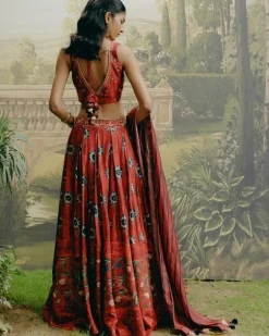 Red Box Pleat Panelled Lehenga Set
