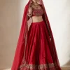 Red Chanderi Silk Crepe Beaded Lehenga Set