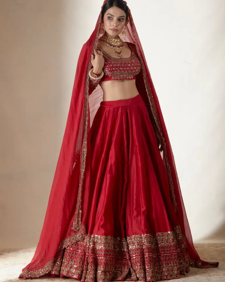 Red Chanderi Silk Crepe Beaded Lehenga Set
