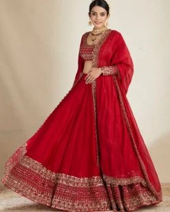 Red Chanderi Silk Crepe Beaded Lehenga Set