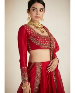 Red Chanderi Silk Crepe Beaded Lehenga Set