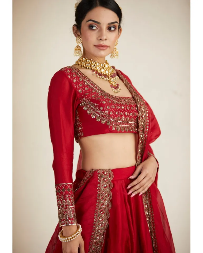 Red Chanderi Silk Crepe Beaded Lehenga Set
