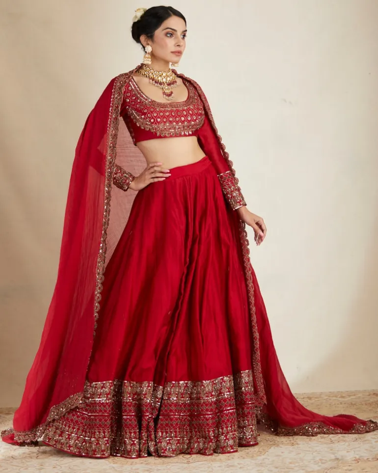 Red Chanderi Silk Crepe Beaded Lehenga Set