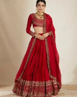 Red Chanderi Silk Crepe Beaded Lehenga Set