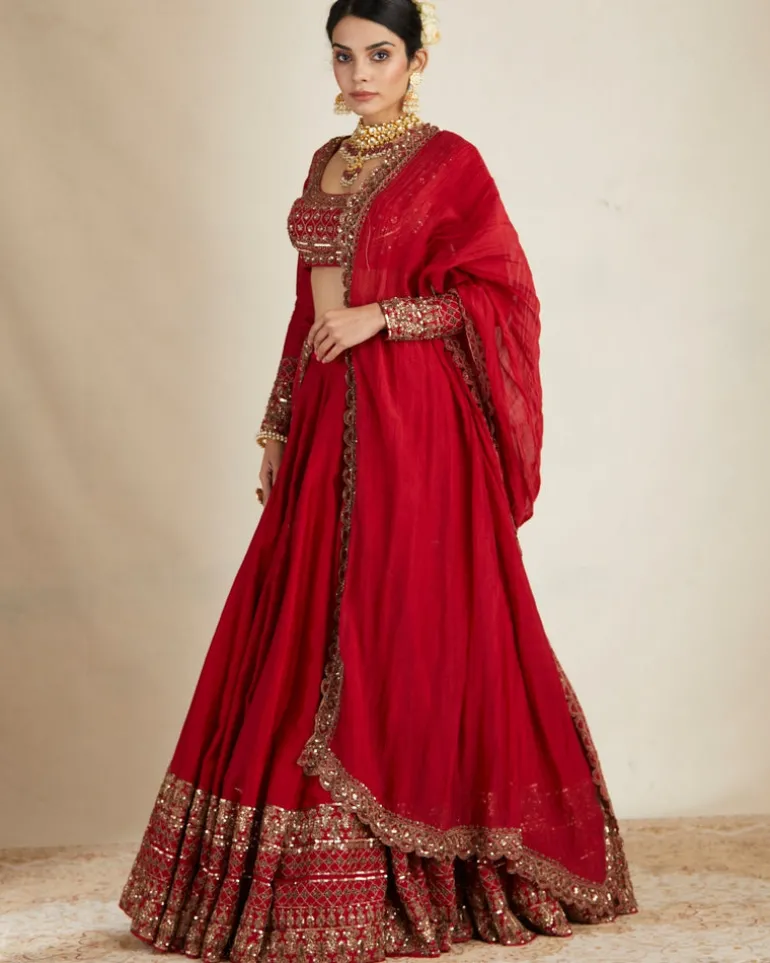 Red Chanderi Silk Crepe Beaded Lehenga Set