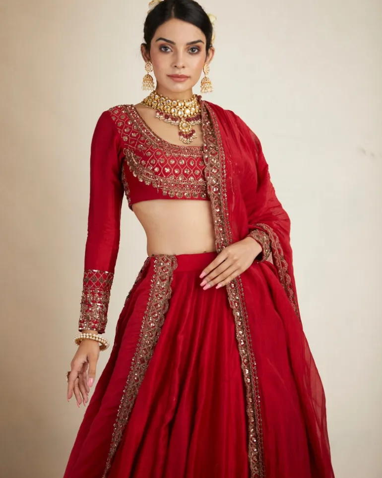 Red Chanderi Silk Crepe Beaded Lehenga Set